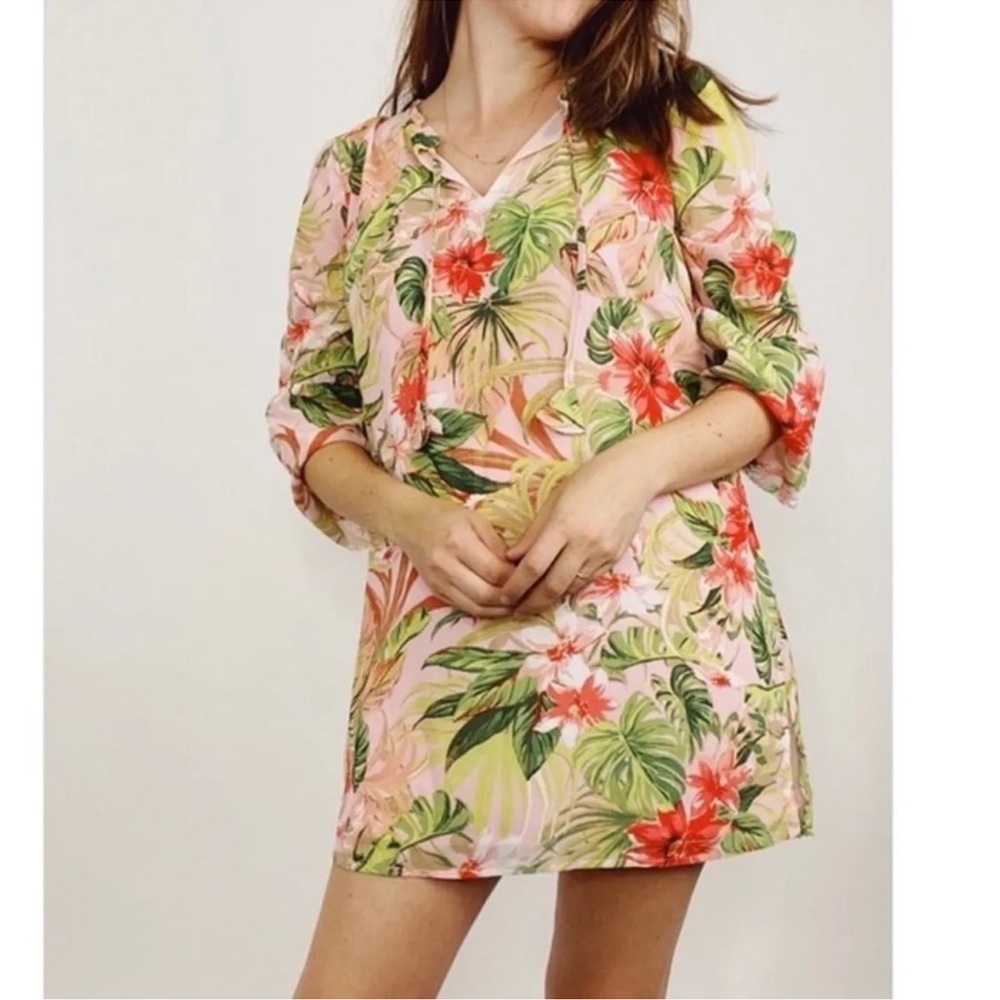 J. Jill Tropical Floral Print Lined Chiffon 3/4 Sleeve Tunic Top XL - Picture 1 of 13